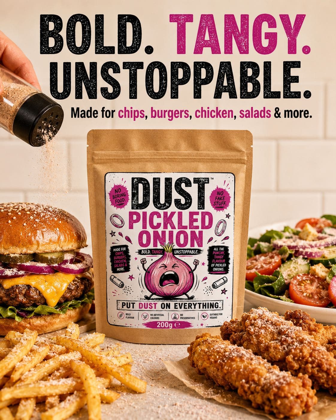 A burger and fries with DUST
